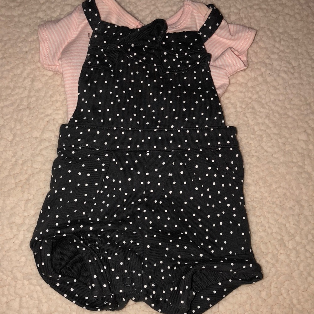 Grey polka dot and pink shirt overalls